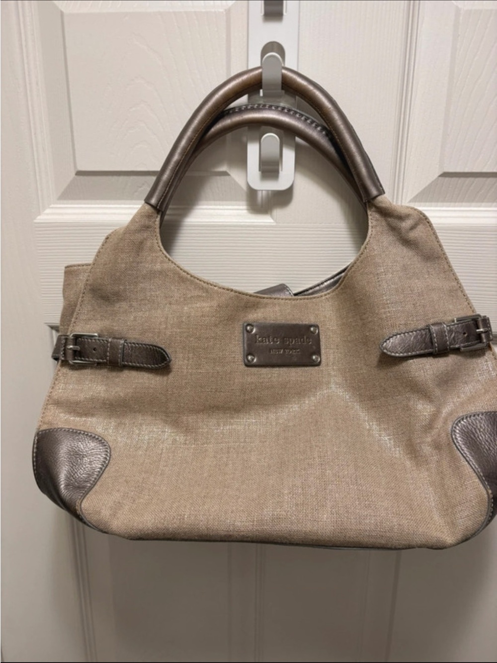 kate spade beige canvas shoulder bag with taupe leather trim